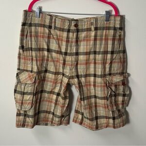 '09 TIMBERLAND men's casual tan brown plaid cargo shorts, 38".
